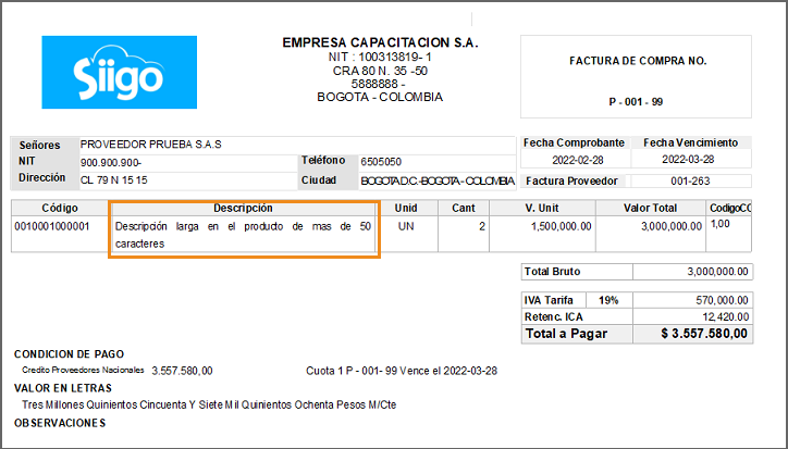 Un recibo típico colombiano, mostrando el desglose del IVA